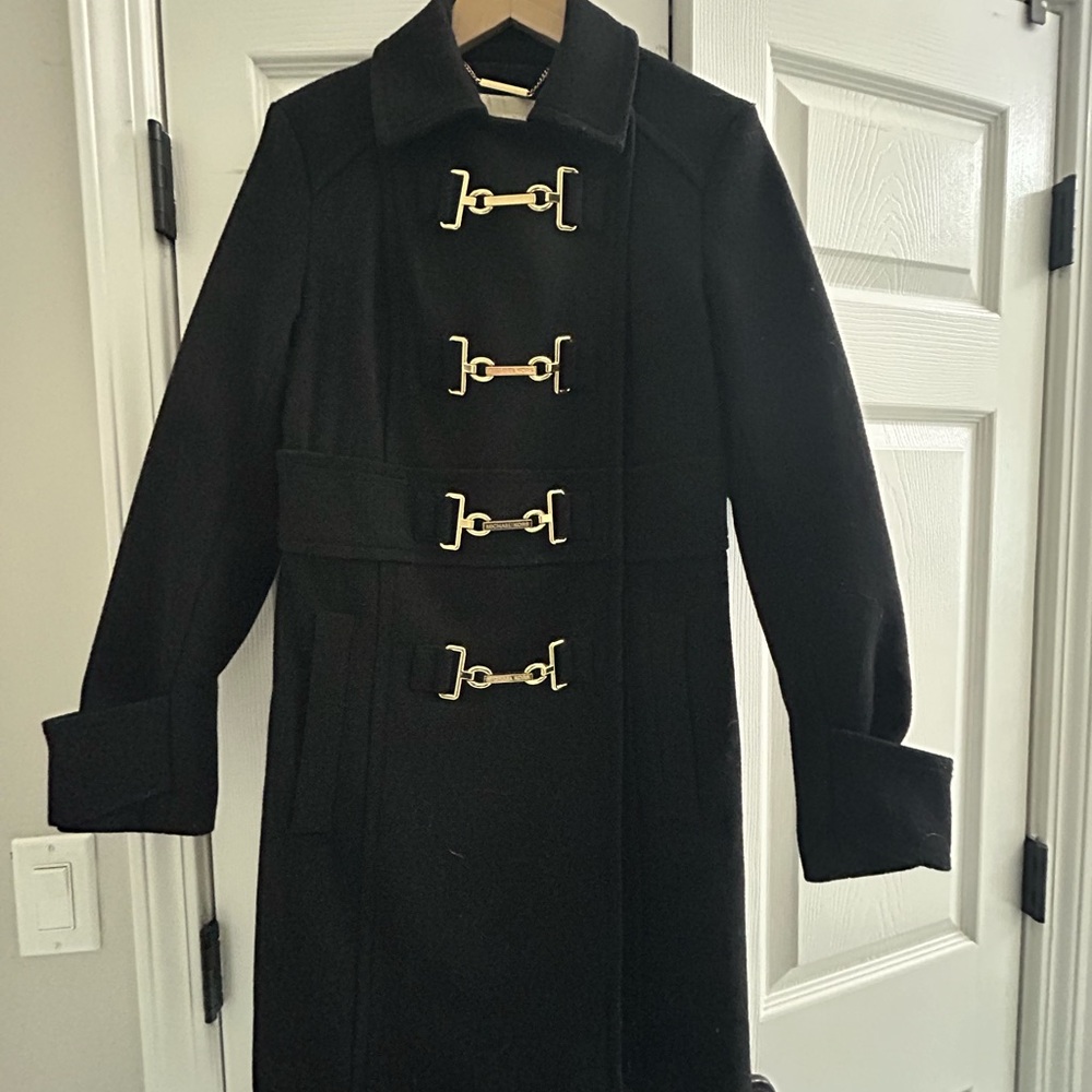 MICHAEL Michael Kors Black Trench Coat with Gold Toggles